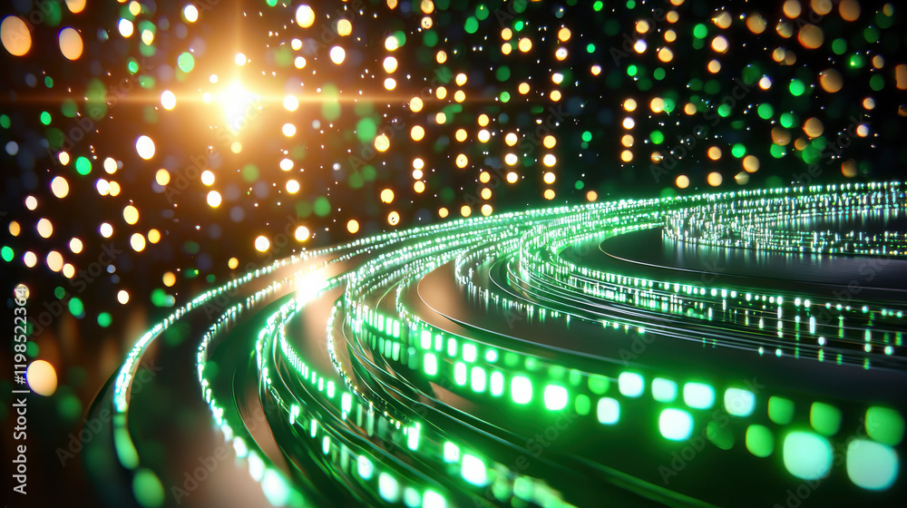 Poster vibrant digital landscape featuring glowing green and golden lights, creating mesmerizing effect. sw