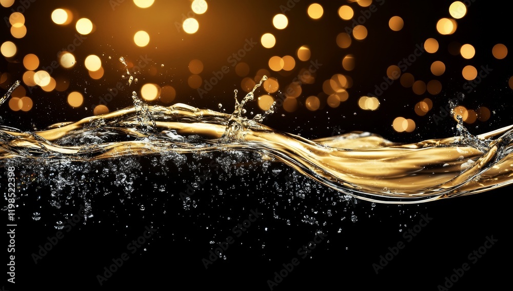 Aufkleber golden liquid wave splashing on black background with bokeh lights.