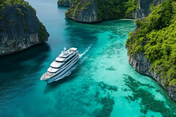 Luxury yacht cruising through a tropical archipelago.
