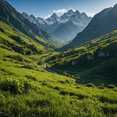 Fototapeta premium A lush green valley surrounded by towering mountains under a clear blue sky.