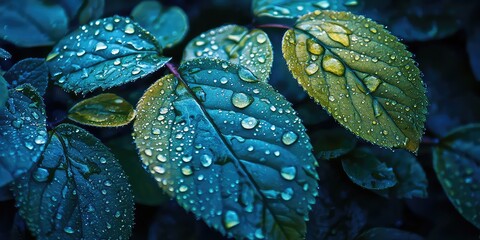 Close-up of abstract shapes resembling leaves and water, using creative lighting and colors to evoke the essence of nature.