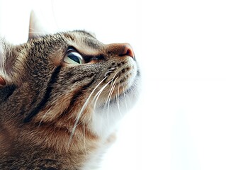 Close-up profile of a curious tabby cat looking upwards. Soft lighting and a white background highlight the cat's features.