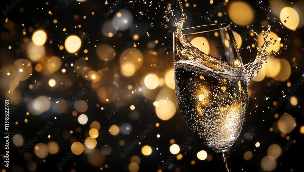 Poster champagne splash in elegant glass against sparkling bokeh background.