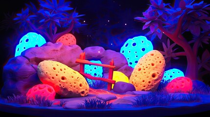 Neon Fantasy Landscape with Glowing Rocks and Plants, 3D Render