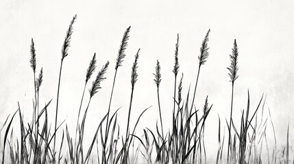 Reeds, etchings, thick line outlines, minimalism, letterpress printing, flat illustration, vintage, black and white, artistic, rich texture details, transparent background