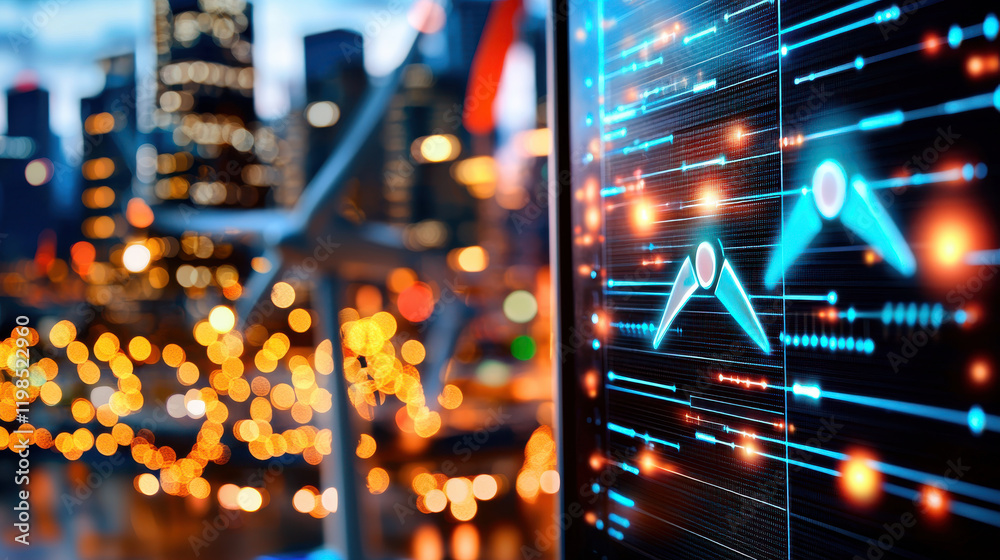 Leinwandbilder High resolution depiction of hybrid energy system with data visualization, showcasing wind turbines and city skyline in background, symbolizing innovation and sustainability