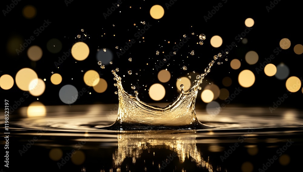 Poster golden liquid splash with bokeh lights reflection.