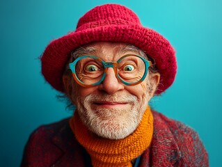 A joyful senior man wearing a red knitted hat and teal glasses, smiling broadly against a teal background.