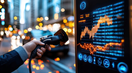 person charging electric vehicle at modern charging station, with digital displays showing data and city lights in background