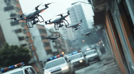 Fototapeta premium Several drones flying over a city based in Brazil, in a police operation.
