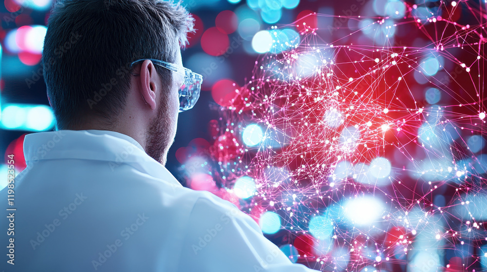 Fototapete biotechnologist in lab coat observes digital data visualization, exploring scientific advancements. vibrant colors and intricate patterns reflect innovation and research