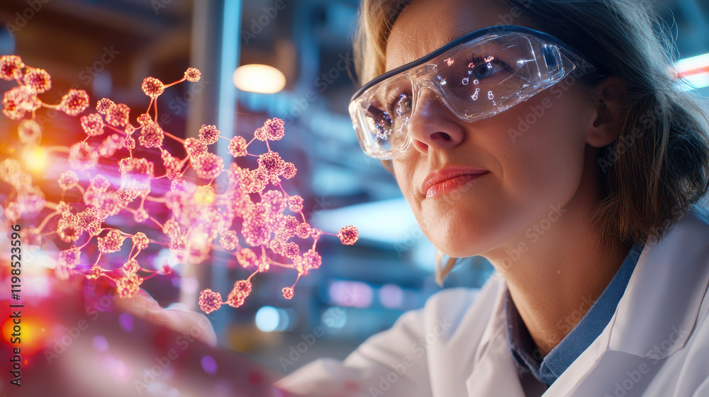 Poster biotechnologist examines molecular structures with advanced technology, showcasing innovation and dedication in laboratory setting