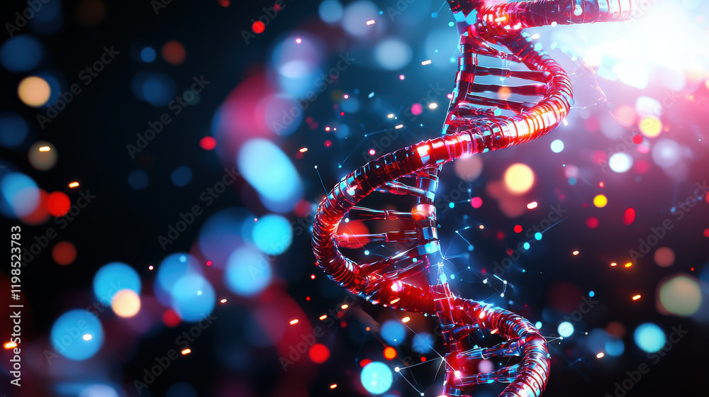 Poster vibrant and colorful representation of DNA double helix, showcasing intricate structure of genetic material. background features blend of bright lights and bokeh effects, creating dynamic and