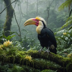 Obraz premium A close-up of a wreathed hornbill sitting on a moss-covered branch, with colorful orchids and ferns in the background, set in a misty jungle environment.