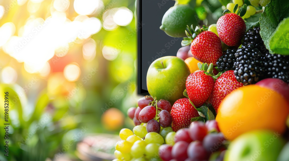 Poster fresh fruits displayed in vibrant colors, including strawberries, apples, and grapes, create lively 