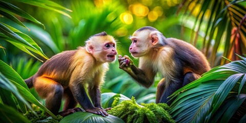 Fototapeta premium Capuchin Monkeys in Lush Tropical Rainforest with Vibrant Flora - Long Exposure Nature Wallpaper
