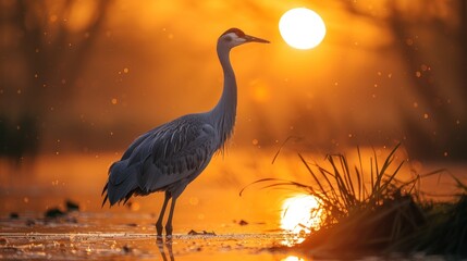 Fototapeta premium Close up of brightly colored herons wading as the morning sun rises