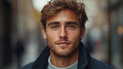 Portrait of a young man with tousled hair smiling confidently in a bustling urban street setting