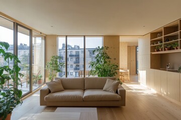 Minimalist interior modern living room beige sofa wooden floor potted plants