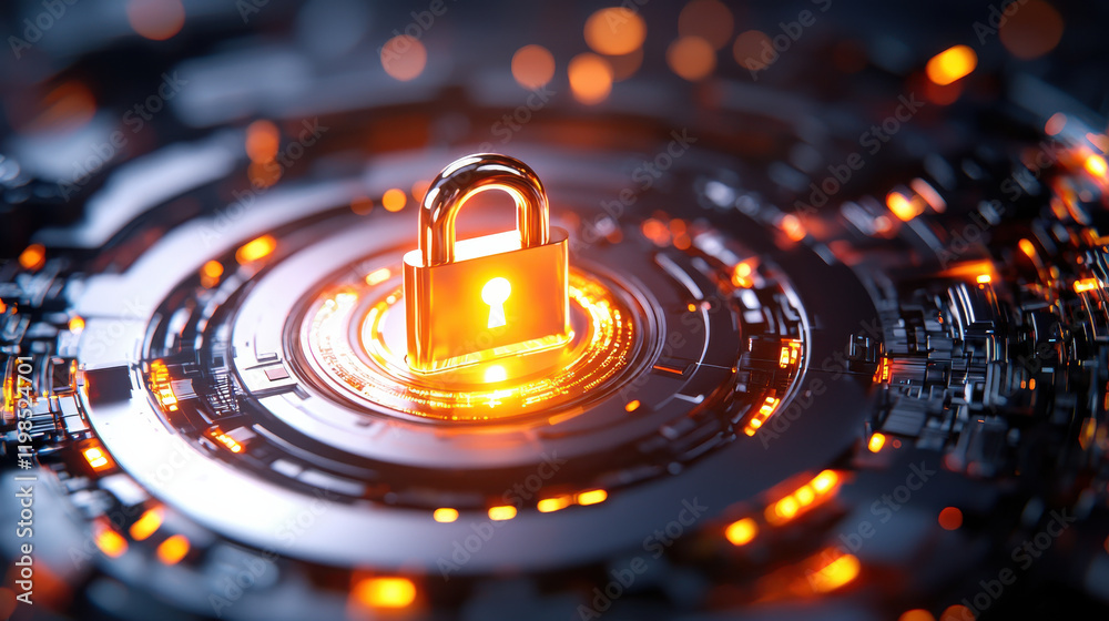 Leinwandbilder glowing padlock symbol surrounded by futuristic circuit design, representing security and protection