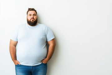 Fototapeta premium Portrait of a serious overweight man with hands in pockets against a white background