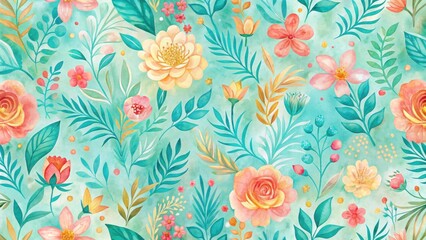 Enchanted Garden A Serene Watercolor Floral Pattern Featuring Delicate Blooms and Lush Greenery on a Soft Aqua Background