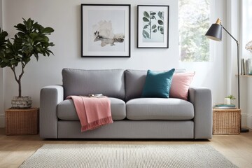 Minimalist living room grey sofa with pink throw teal cushion modern floor lamp
