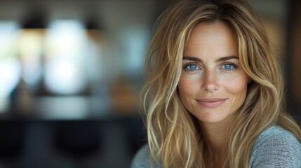 Portrait of a smiling woman with long blonde hair in a softly lit modern indoor setting