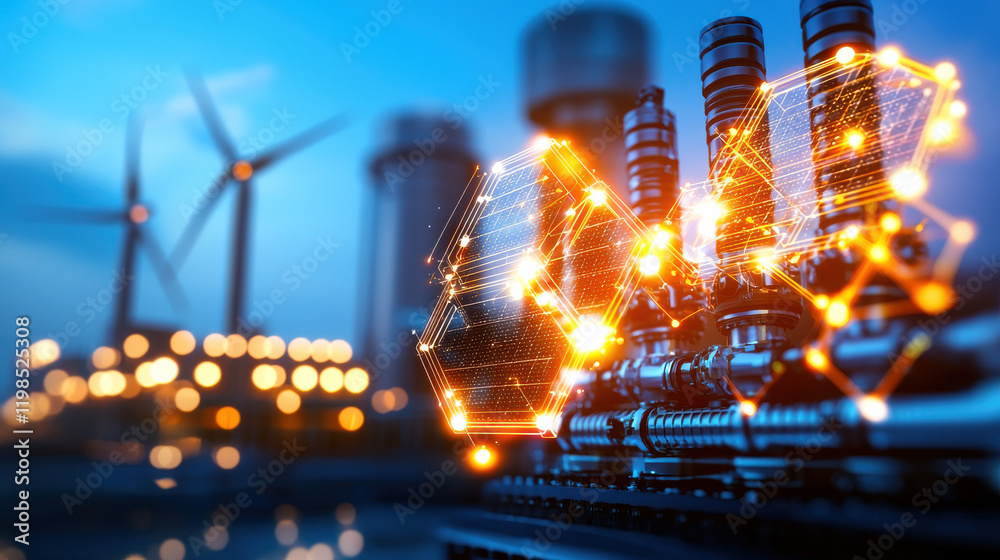 Poster high resolution image of hybrid power plant featuring wind turbines and advanced technology. scene c