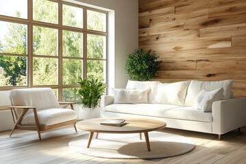 Minimalist living room modern furniture white curved sofa orange and teal cushions elegant design lush green house plants white walls