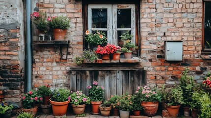 Naklejka premium The front of an old house with flowers in pots on the windowsill, plants and flowers blooming in small terracotta pots on the street, sunny day, photo taken from behind, natural light