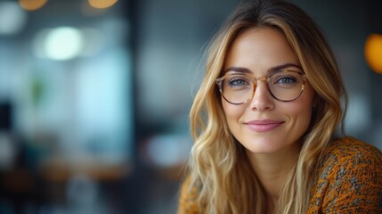 Young woman with glasses smiling warmly in a modern caf?, with blurred background of patrons and decor