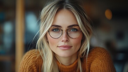 Portrait of a young woman with glasses smiling warmly, seated indoors with a cozy atmosphere