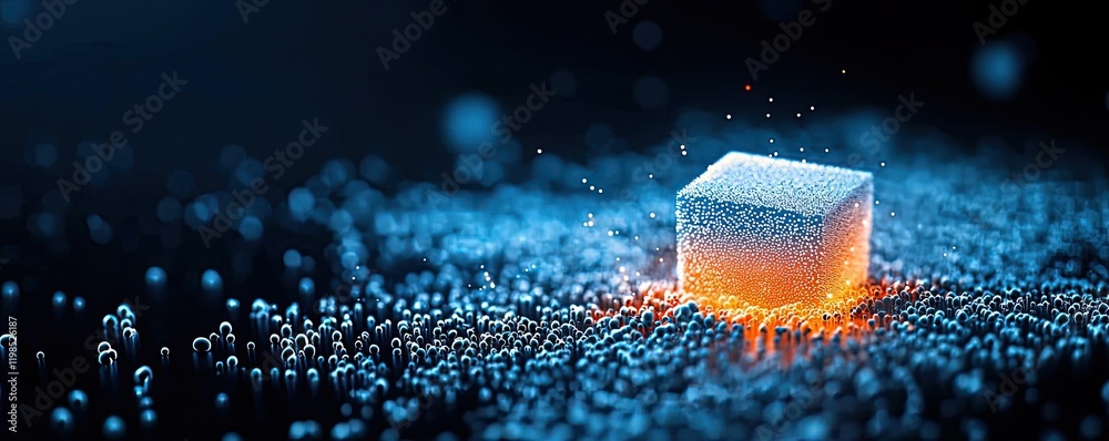 Poster dust pollution concept. a captivating ice cube resting on a bed of sparkling water droplets.