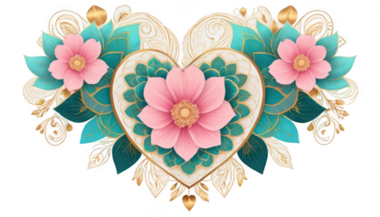 A whimsical floral heart mandala with oversized blossoms in pink, gold, and turquoise, each petal layered with soft swirls and geometric patterns, on a white transparent background PNG