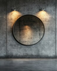 Modern Interior with Round Mirror on Concrete Wall, Illuminated by Two Pendant Lamps.