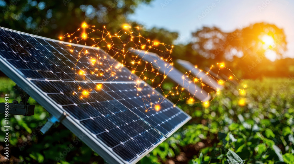 Aufkleber high resolution image of solar farm with solar panels in field, showcasing renewable energy technolo