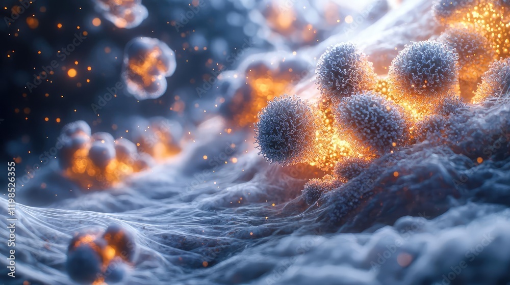 Poster dust pollution concept. detailed microscopic view of bacteria with glowing elements on a textured su