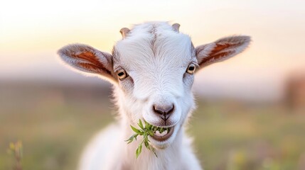 Obraz premium Adorable kid goat eating grass at sunset