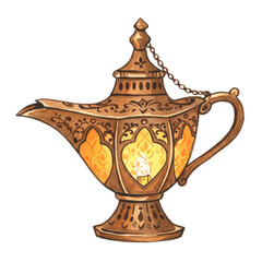 Ornate Antique Brass Aladdin Lamp Watercolor Illustration Magical Light Golden Yellow Art Home Wish Shine     
