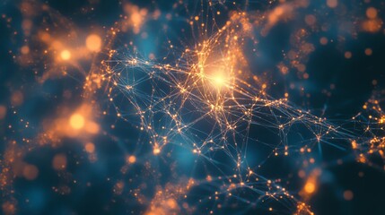 Abstract Network of Connected Lines and Points with Glowing Orange Light