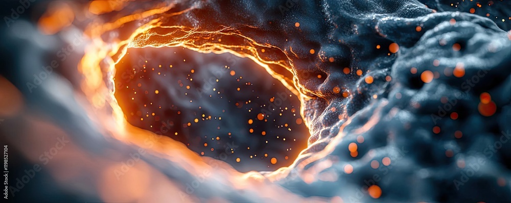 Poster dust pollution idea. detailed microscopic view of a cell with glowing energy patterns and vibrant te