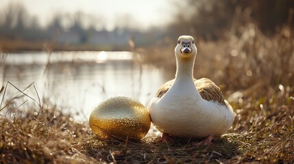 A goose sits proudly next to a large golden egg by a tranquil lake at sunset. The scene is serene and peaceful.