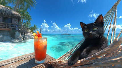 Black cat relaxing in a hammock with a cocktail at the beach on a sunny day