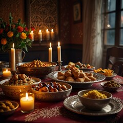 Naklejka premium Table With Food Iftar Party In Ramadhan 