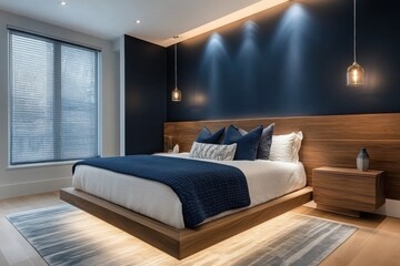 Modern bedroom minimalist design navy blue walls cozy bed with white and blue bedding