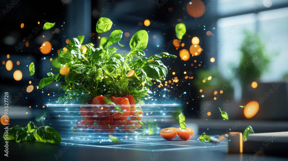 Aufkleber vibrant 3d visualization of fresh basil and tomatoes, showcasing advanced food technology with dynam