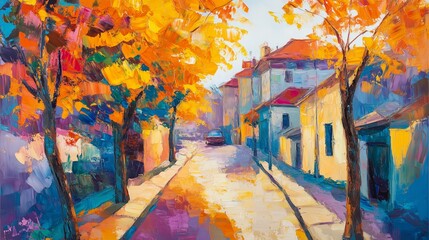 Fototapeta premium Trees, abstracts, houses, bright colors. Oil painting style is strong, light tone, light tone, abstract painting style, oil painting strokes.