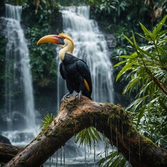 Fototapeta premium A wreathed hornbill standing on a large tree trunk near a cascading waterfall, surrounded by bright tropical plants and shimmering water droplets.
