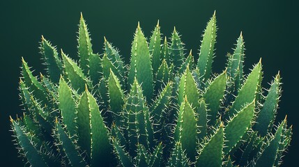 Close-up view of a vibrant green succulent with sharp spines. The plant's texture and color are beautifully showcased against a dark background.